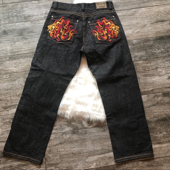 flame embroidered jeans